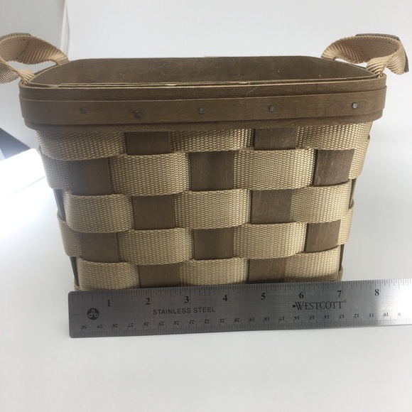 Vintage Longaberger Signed Bring Along Basket Tan Nylon Wood With Side Handles - Picture 10 of 11